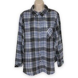 Westbound Woman Mixed Media Print Plaid Blue Black White Long Sleeve Button 1X